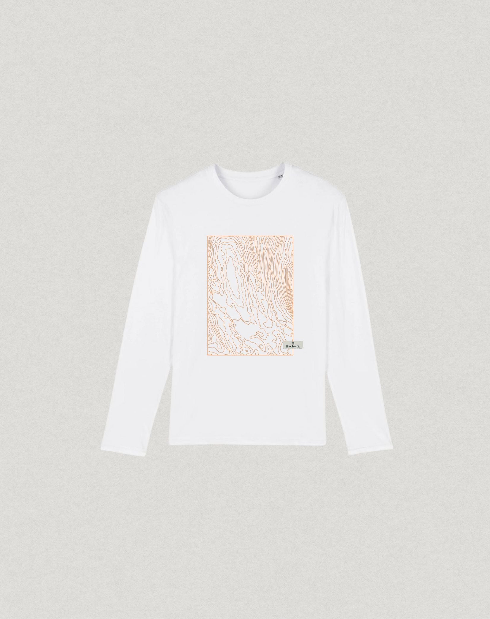 Hachure Long sleeve white t-shirt with orange hachure print on the front