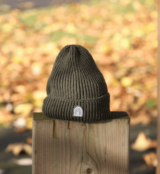 Khaki knitted Hachure Quest Hat with logo on the front